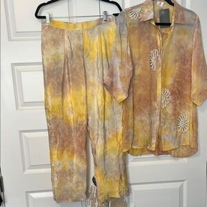 Amani Hand-Dyed Floral Embroidered Lounge Set - Pastel Yellow & Peach
